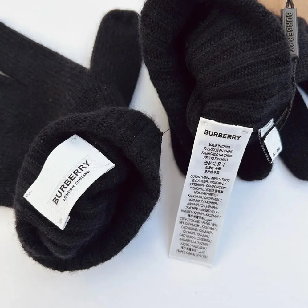 Burberry Kingdom Logo Cashmere Gloves in Black and White Size Small/Medium‎